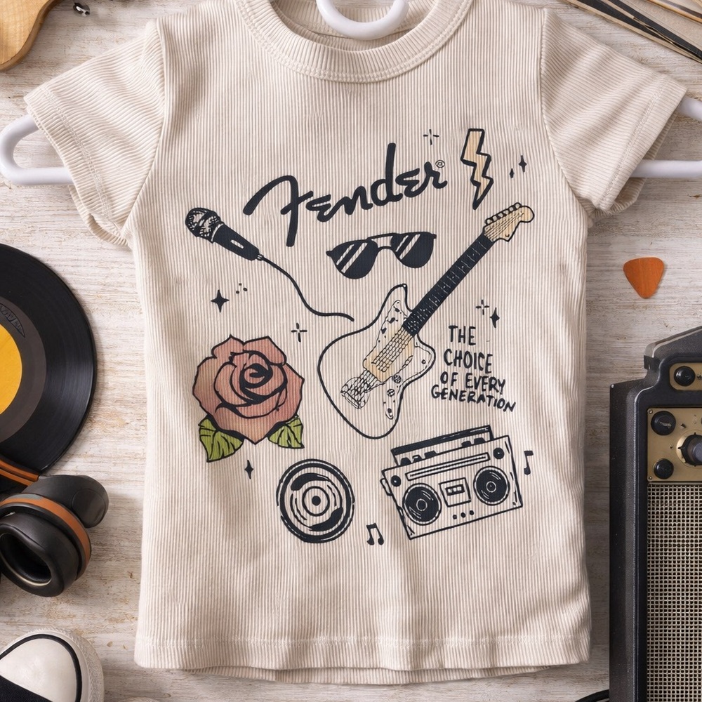 Fender Graphic Ribbed T Shirt Kids Size 6 7 Cream Music Tee